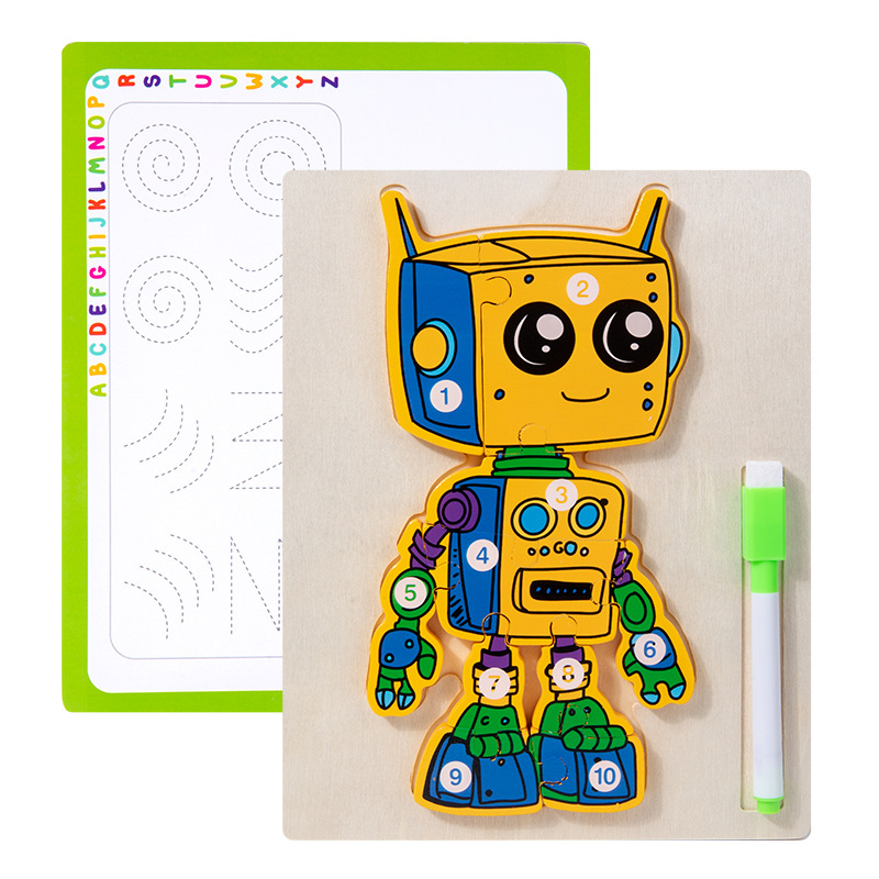 Junta de dibujo de rompecabezas robot multifuncional de madera cuerdas cuentas animales frutas tablero de coincidencia de tráfico para niños pequeños