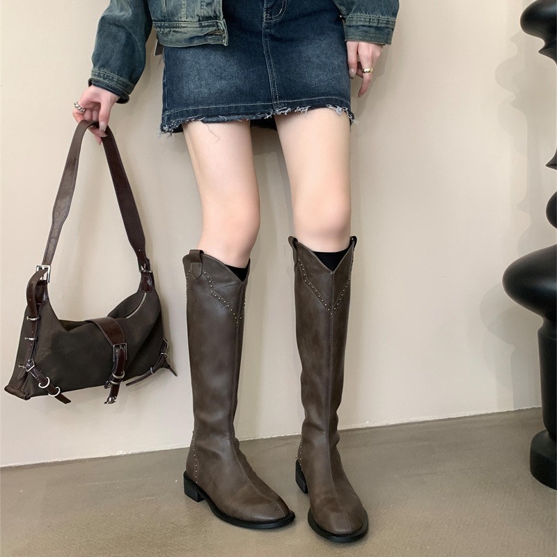 Thick Heeled Round Toe Maillard For Women, 2024 Autumn And Winter New Item With Plush Straight Tube Versatile V-Neck_voghion.com