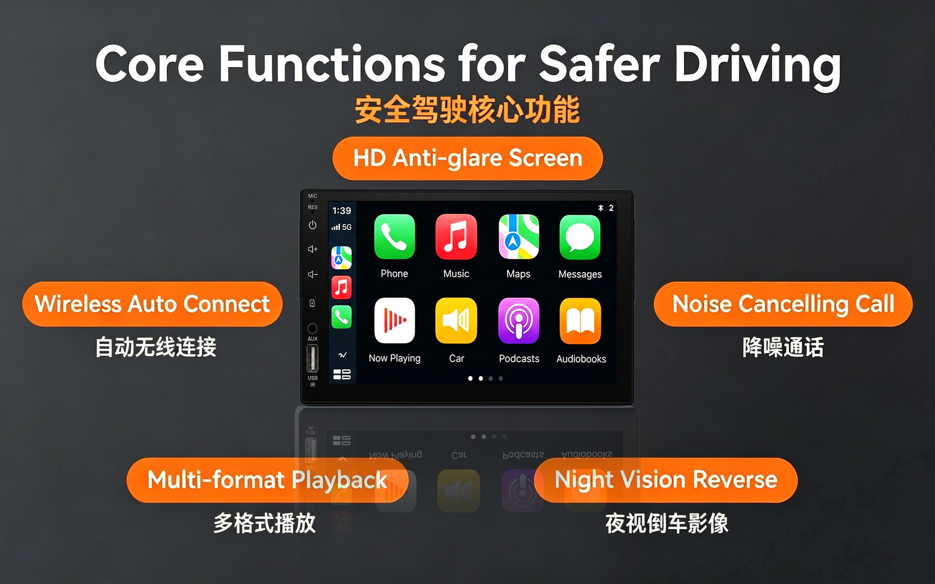 7inch High-definition car MP5 player with capacitive touch screen, Carplay, Bluetooth calling, and reverse camera 7