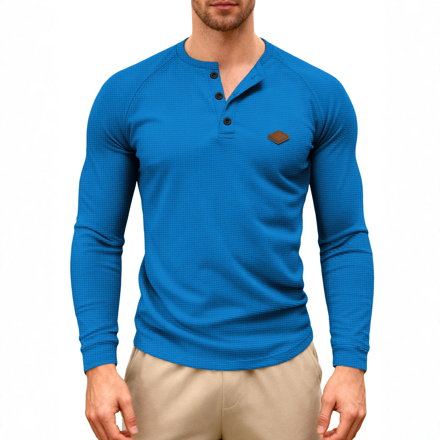 Nuevo transfronterizo europeo y americano hombre casual primavera y otoño americano waffle tie rápido secado hombro Henry camiseta de manga larga