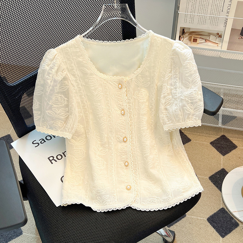 Puff Sleeve Lace Shirt Women's New Summer Small Age-reducing Fairy Elegant Short Top Doll Shirt Puff Sleeve Lace Shirt Women's New Summer Small Age-reducing Fairy Elegant Short Top Doll Shirt