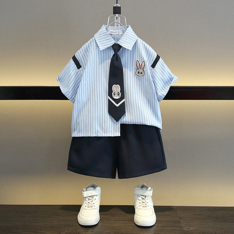 7167 Traje de camisa de manga corta Han Fan para niños de verano delgado para niños 2025 Nueva tendencia universitaria de verano para bebés