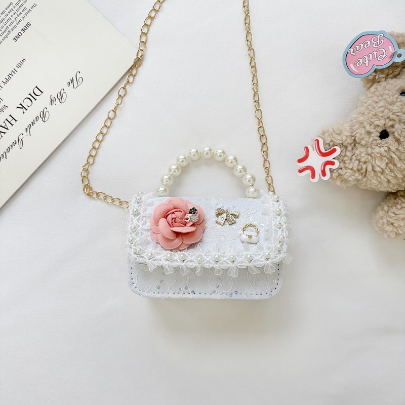 Nuevo bolso infantil, bolso de moda de perlas, bolso de hombro de flores de niñas, bolso de moda de cadena, mochila pequeña