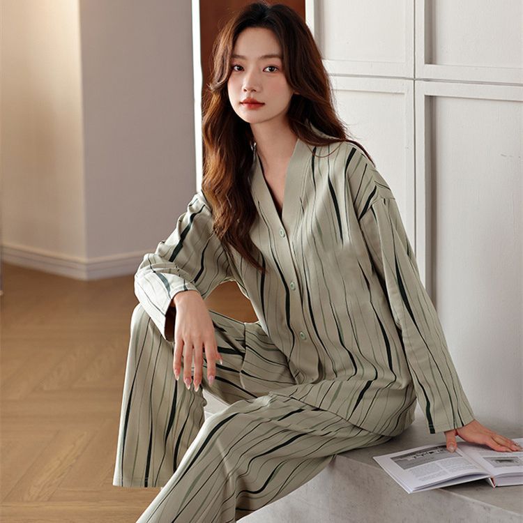 Venta al por mayor transfronteriza de nuevos pijamas de primavera, cardigan de manga larga de algodón de imitación para mujer, traje de servicio a domicilio de temperamento casual simple de alta gama