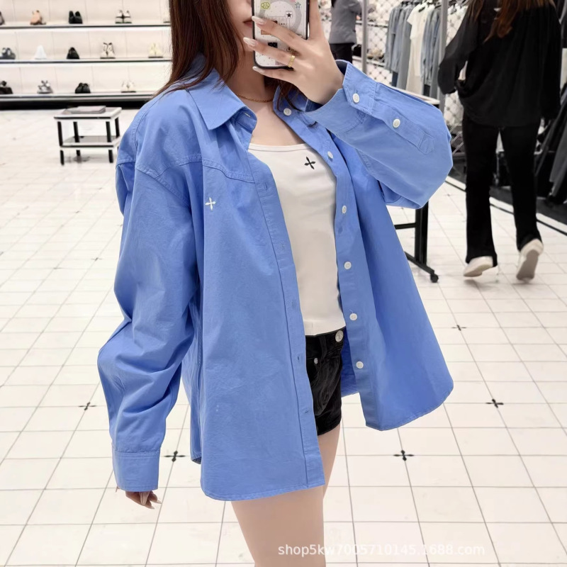 Sk Cross Badge Work Shirt, Unisex Casual Blue Shirt, New Spring Style