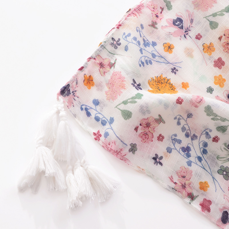 Bufanda delgada estilo coreano bufanda de primavera de las mujeres de moda todo fósforo fresco artístico floral algodón y lino sensación borla bufanda