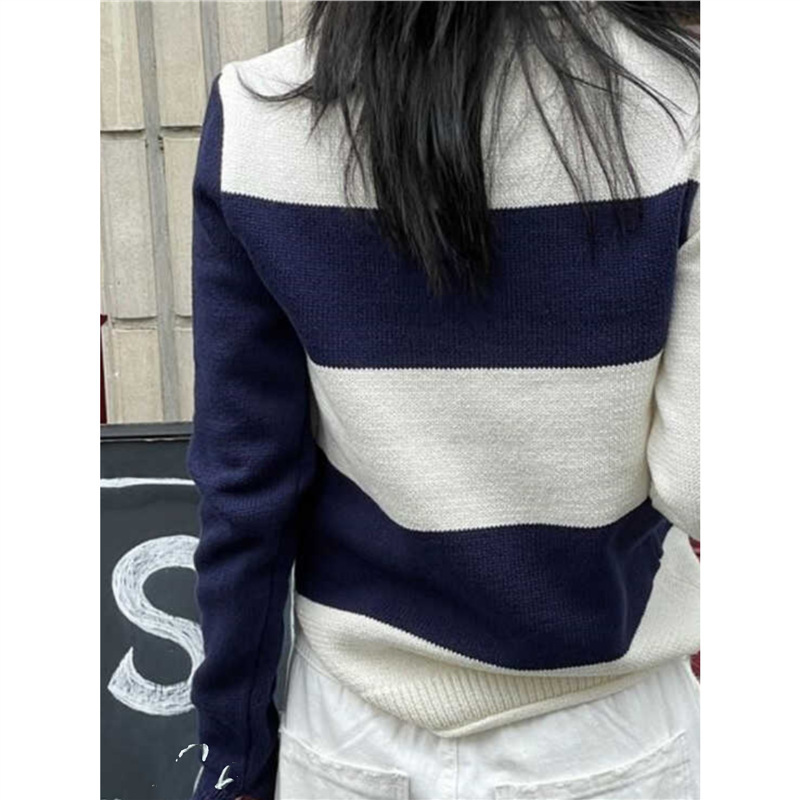 Big Sale! Knitted Navy Blue and White Contrast Stripesd Design Rolled Collar Long-Sleeved Knitwear Long-Sleeved Autumn and Winter