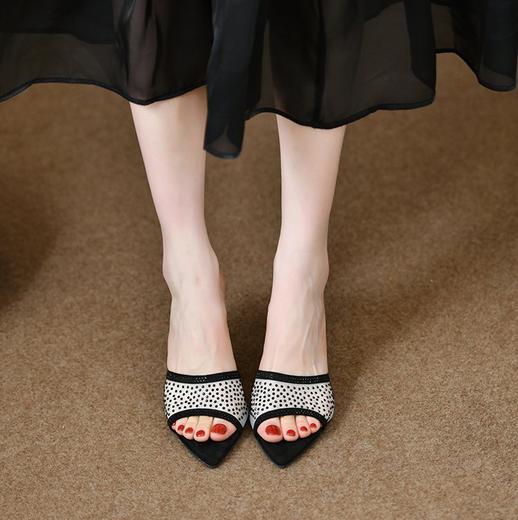 New open-toe pointed mesh rhine-diamond flip-flops female summer wear temperament stiletto heels sandals_voghion.com
