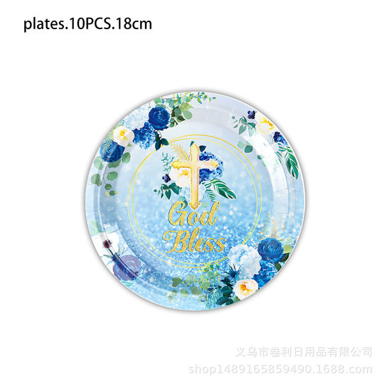 Baptism Party Supplies Blue Flower Welcoming Tableware Set Disposable Paper Plate Paper Towel Paper Cup Venue Layout Flag