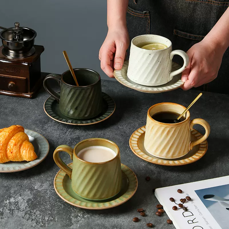 复古陶瓷条纹杯 手绘粗陶马克杯下午茶牛奶咖啡杯 意式怀旧风杯碟