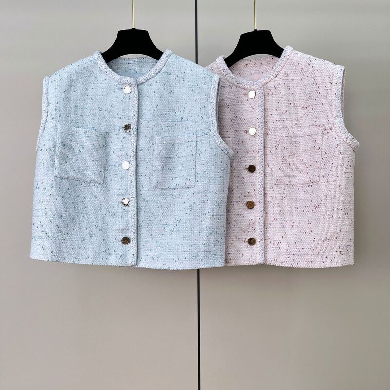 26 New Summer Style Tweed Vest with Sequins, French-Style Sleeveless Jacket for Women, Direct Supply