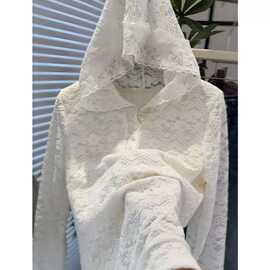 仅用于产品展示勿拍-白色镂空连帽长袖T恤女春季新款欧洲站蕾丝花
