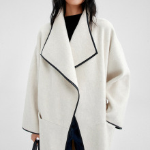 高品质羊绒大衣冬季双面毛呢长款外套气质大翻领撞色羊毛呢子开衫