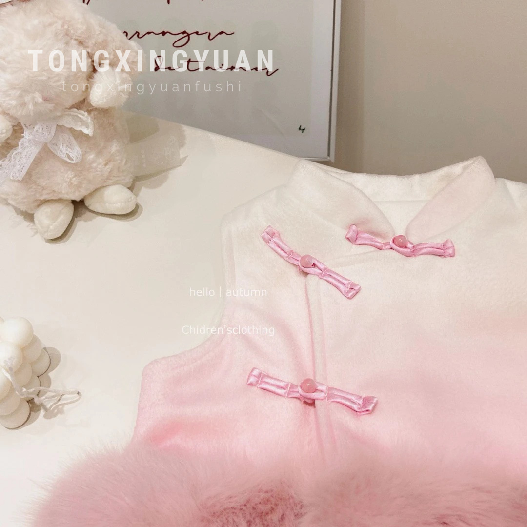 [en stock] nuevo estilo chino de niñas de color gradiente cheongsam chaleco de invierno nuevo chaleco de lana de niñas tendencia