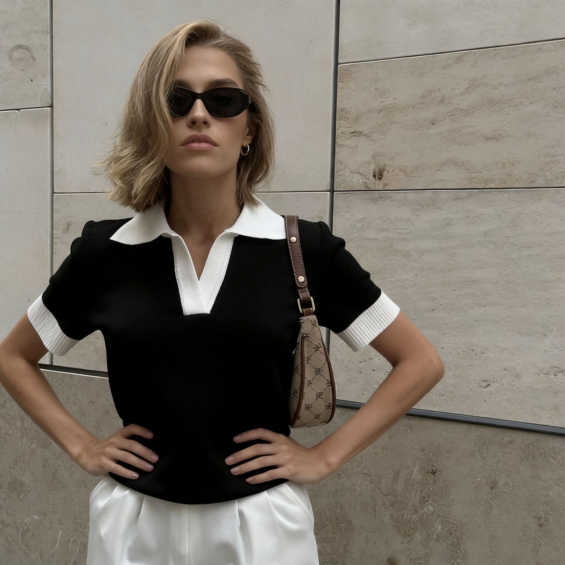 Women's Knitted Cropped Top Color Block Lapel Short-Sleeved Summer Elegant Commuter_voghion.com