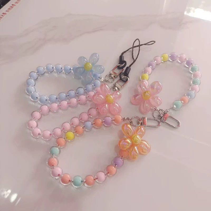 Mobile phone, strap, fresh round beads, acrylic pendant, flowered