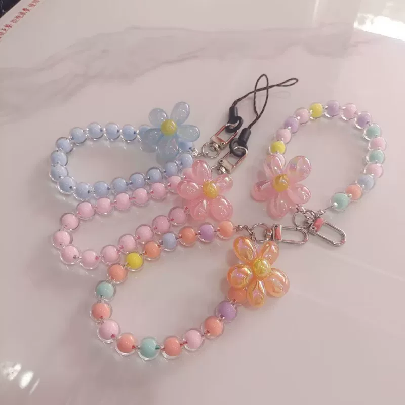 Mobile phone, strap, fresh round beads, acrylic pendant, flowered