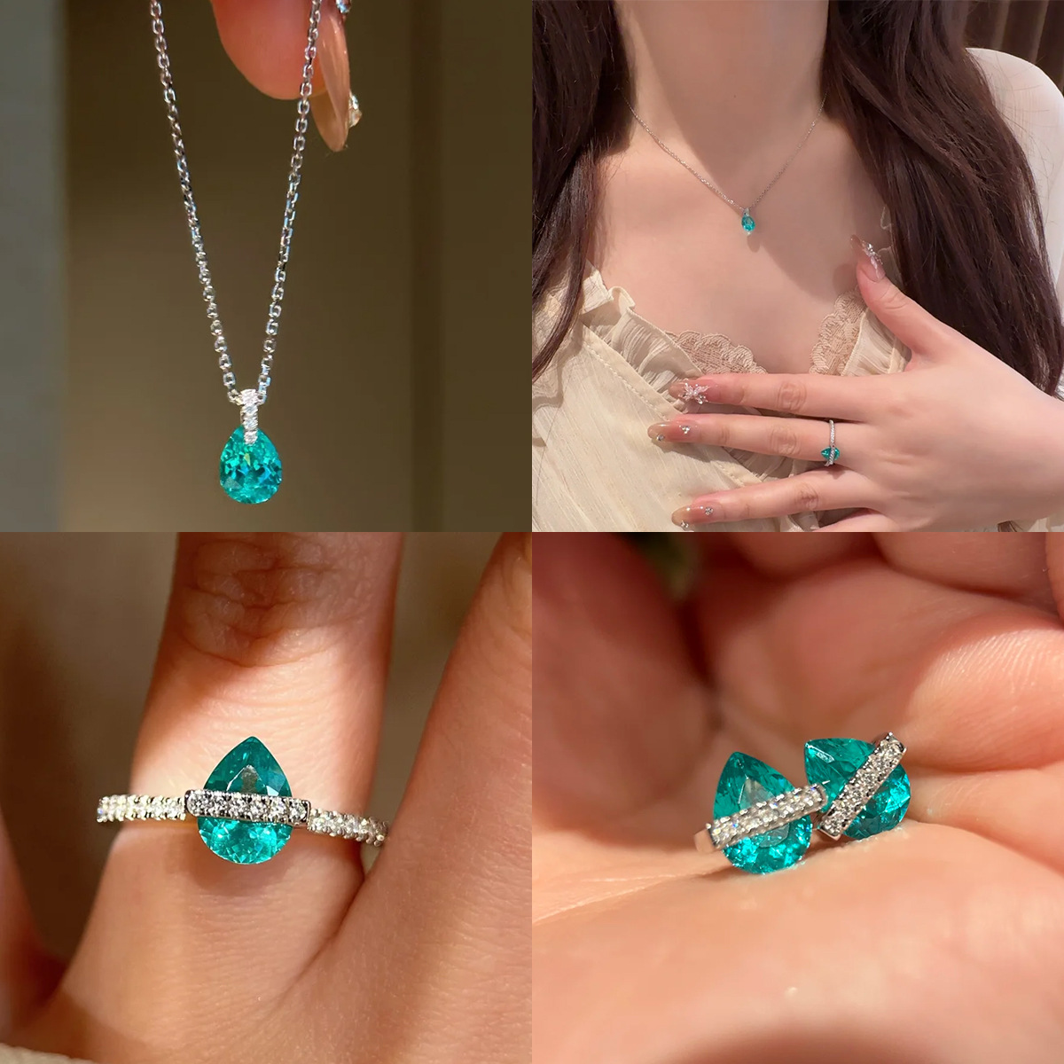 Paraiba Blue Water Drop Pendant for Women, Diamond-Encrusted Planet Suspension Ring, Light Luxury Style, Niche Exquisite Green Diamond Earrings