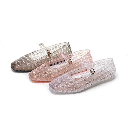 Cross-border new hollow sandals, transparent jelly elastic crystal toe caps, versatile flat bottoms, breathable and comfortable Mary Jane shoes