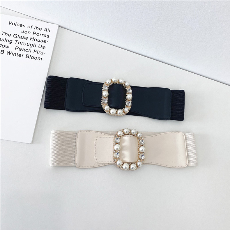 125g Weight Banquet Occasion Pearl Diamond Oval Buckle Decorative Coat Girdle Elastic Wide Belt Wholesale
