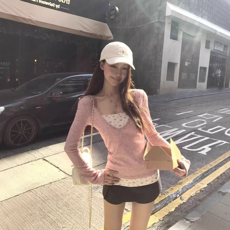 Korean-Style Sweet Style Patchwork Fake Two-Piece Long-Sleeved T-Shirt for Women, New Winter Model, Slim Fit, Super Nice and Versatile Top Korean-Style Sweet Style Patchwork Fake Two-Piece Long-Sleeved T-Shirt for Women, New Winter Model, Slim Fit, Super Nice and Versatile Top