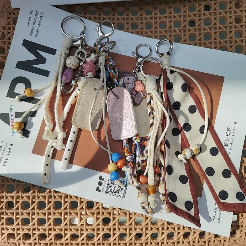 Polka Dot Silk Scarf Bag Charm with Wax Rope Woven Bead Pendant, Miu-Style Trendy Keychain, Simple Tassel Pants Accessory Polka Dot Silk Scarf Bag Charm with Wax Rope Woven Bead Pendant, Miu-Style Trendy Keychain, Simple Tassel Pants Accessory