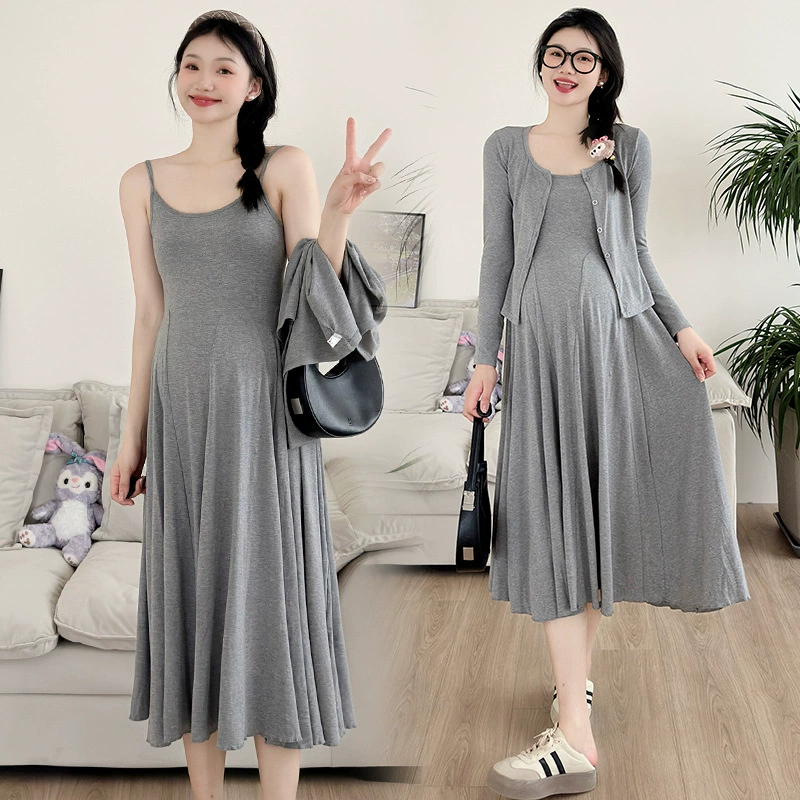 Осенний хлопковый комплект для беременных, платье