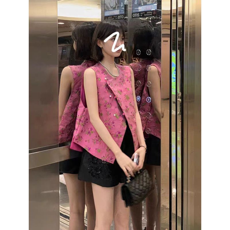 New Chinese Style Round Neck Slanted Lapel A-Hem Short Vest Girl Pink Floral Summer New Style 99884
