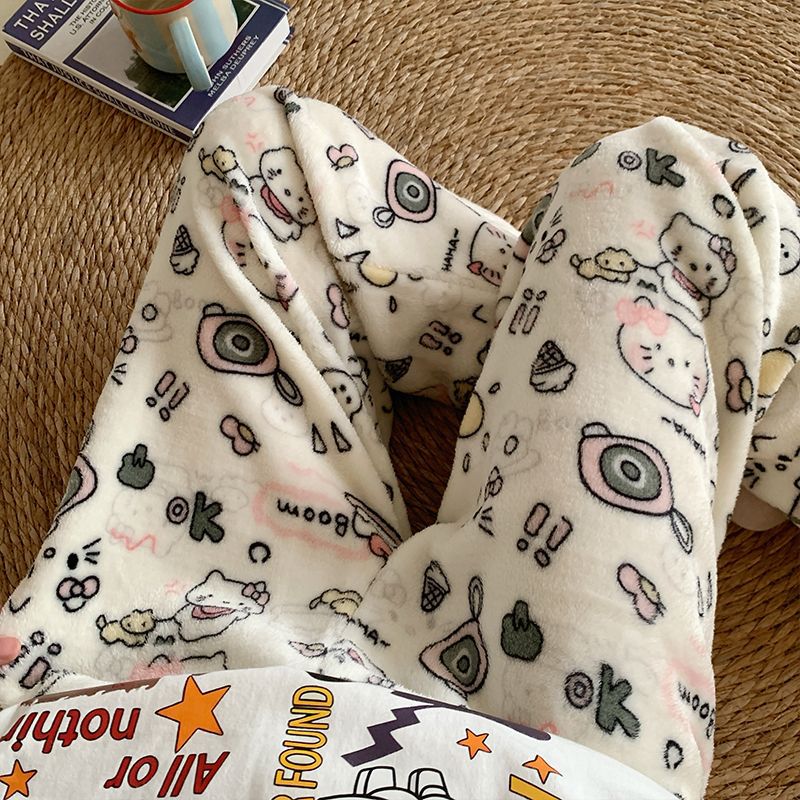 Pantalones de pijama de franela de dibujos animados de otoño y invierno para mujeres con pantalones de lana de coral caliente para estudiantes de lana de invierno para el hogar
