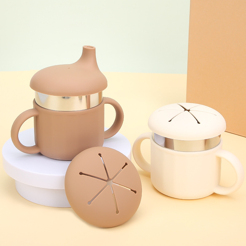 Snackbecher aus Silikon mit Griff und doppelten Ohröffnungen für Babys und Kleinkinder, hochwertige, kreative Lerntasse mit Strohhalm zum direkten Trinken_voghion.com