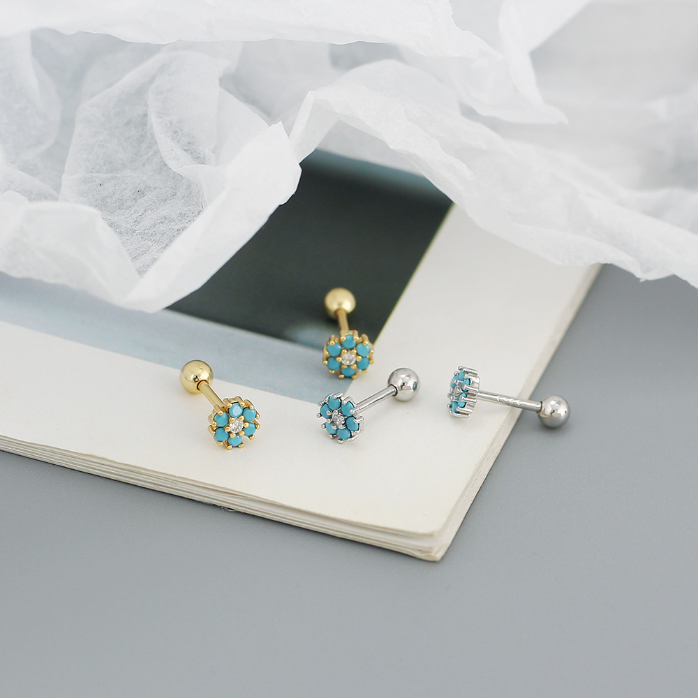 Sucré Fleur Placage Argent Sterling Turquoise Strass Boucles D'oreilles display picture 5