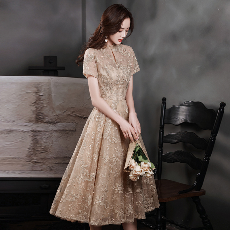Champagne banquete vestido de noche nuevo verano transfronterizo temperamento de hadas arte examen rendimiento vestido Reunión Anual vestido anfitrión