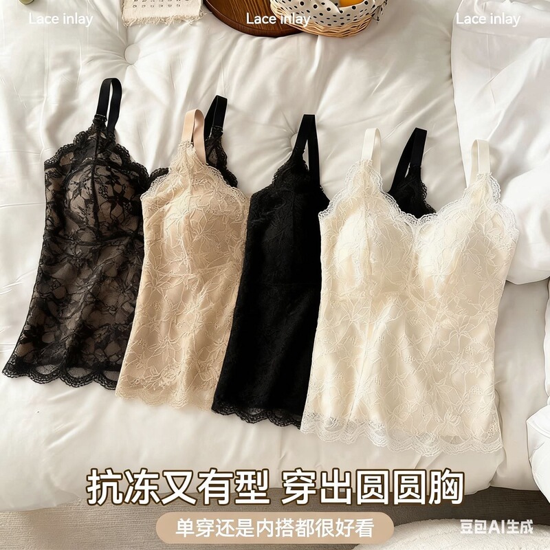 TikTok's popular spring-summer plus-size sexy lace lingerie camisole, slimming tank top for women with beautiful back straps and built-in bra pads