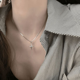 Little Star Pendant Titanium Steel Necklace Female Stylish Sweet Cool Style Simple Design Silver White Snake Bone Chain Cross Chain