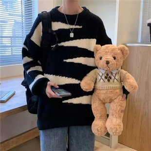 Men's Sweater for Autumn and Winter, Loose Casual Thickened Warm Irregular Striped Crew Neck Knitwear, Hong Kong Style Ins Jacket