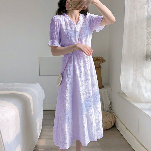 2024 French Chic V-neck Dress Women's Summer Waist Slimming Mid-Length Fairy A-Line Long Skirt