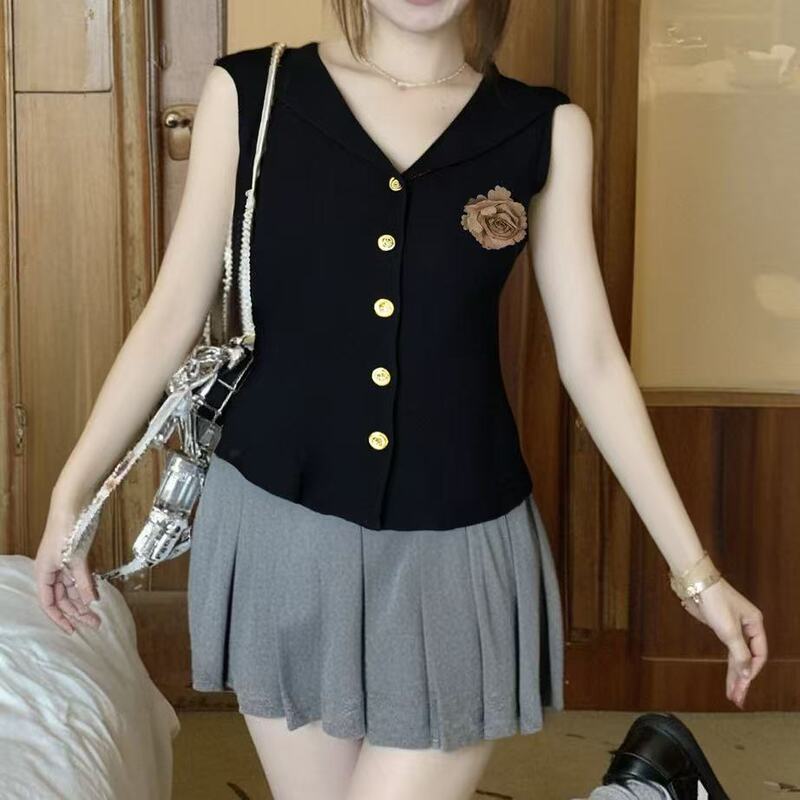 Navy Collar Single-Breasted V Neck Knitwear Vest Summer New Sleeveless French Design Stereo Flower Top