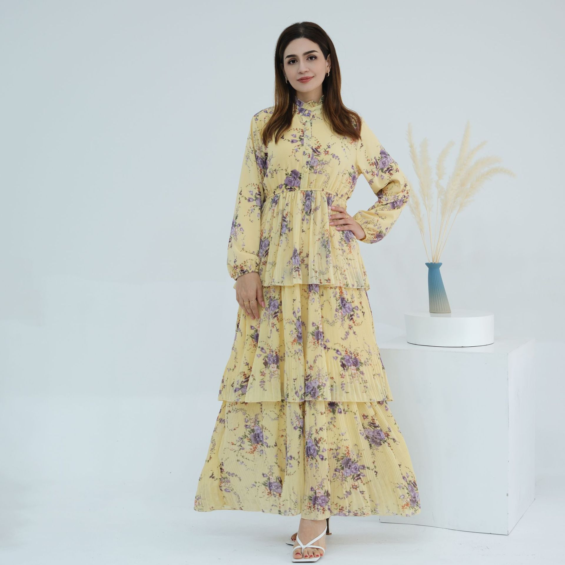 2025Loriya AliExpress Vestido estampado puro europeo y americano Falda larga con estampado de cintura hasta el tobillo LR747