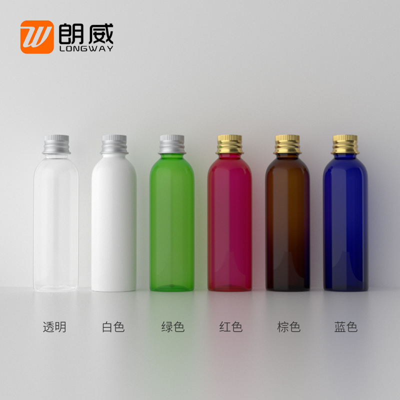 Langwei 120ml hombro redondo botella de cubierta de aluminio dorado botella de plástico cosmético sub-embalaje botella de rocío puro botella de cubierta de aluminio para mascotas