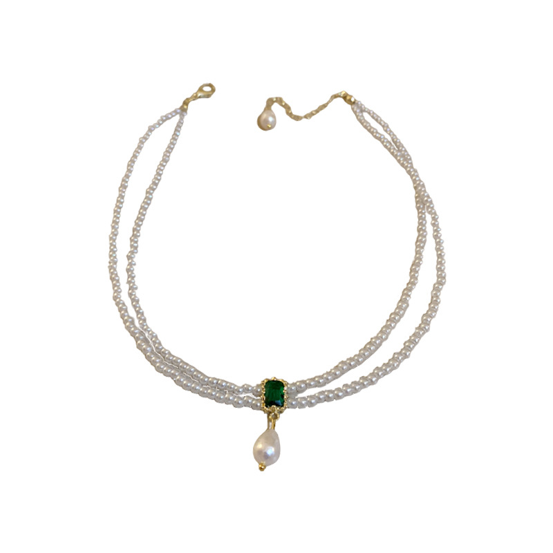 Doppelschichtige, mit Smaragden besetzte, quadratische, mit Diamanten besetzte Perle mit französischem Design, Halsverschluss-Knochenkette, modische OL-Halskette_voghion.com
