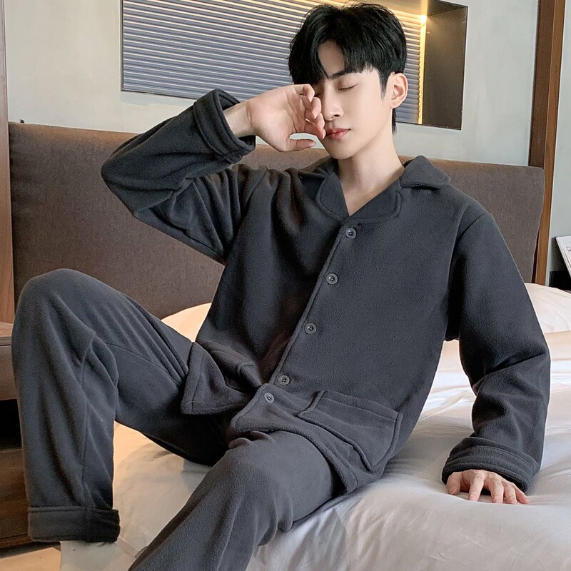 Men's double-sided fleece pajamas, winter warm, for young men, thickened and fleece-lined, simple and comfortable loungewear set Men's double-sided fleece pajamas, winter warm, for young men, thickened and fleece-lined, simple and comfortable loungewear set