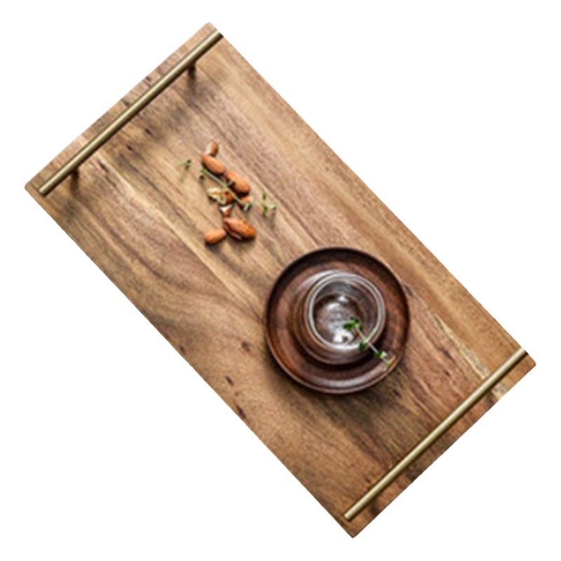 Bandeja rectangular de madera y metal con asa, para desayunos, aperitivos, pan, pasteles y almacenamiento.