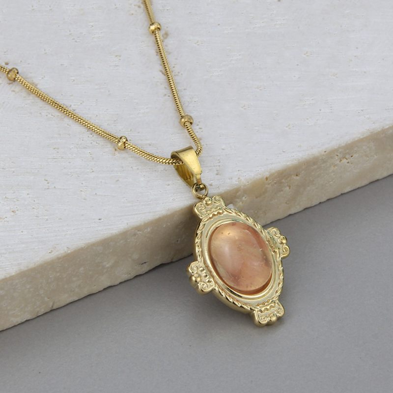 Retro Oval Titanium Steel Earrings Necklace Inlay Artificial Gemstones Stainless Steel Necklaces