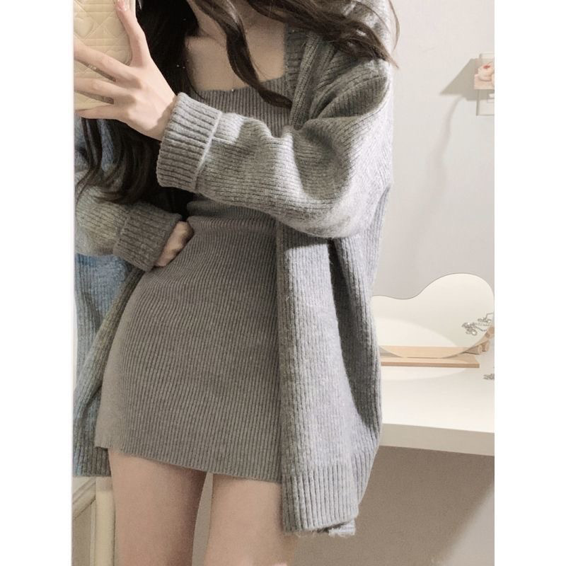 (2개) 투피스 세트 2024 가을 및 겨울 파워 느슨한 니트 카디건 스웨터 재킷 내부 니트 슬립 스커트