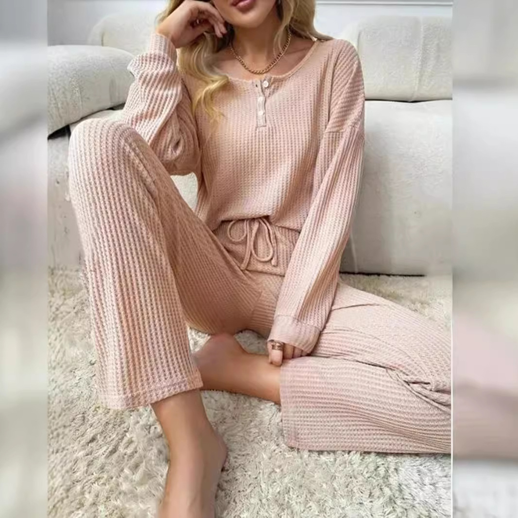 Conjunto de Ropa para Casa de Tejido Waffle para Mujer de Poliéster, Con Cordón, para Otoño image 2