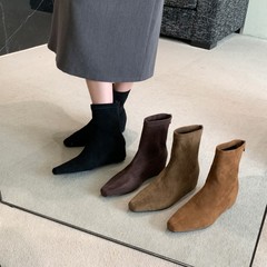 气质方头绒面时装靴女时尚百搭后拉链瘦瘦靴法式小踝靴内增高短靴