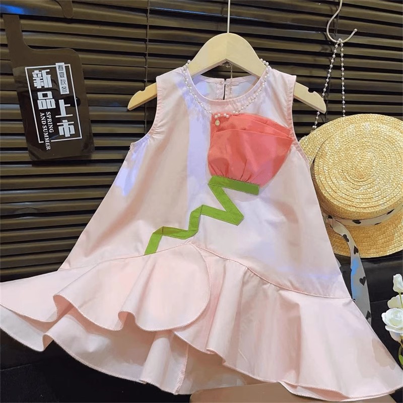2025 Summer New Sweet Western Style Girls Sleeveless Cotton dress Girl Flower Cute Fishtail Dress Princess Dress