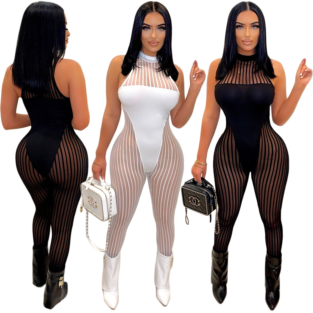 S390365 Aliexpress Cross-Border Export Fashion Sexy Thick Stripes Mesh See-Through Sleeveless Round Neck Jumpsuit for Women
