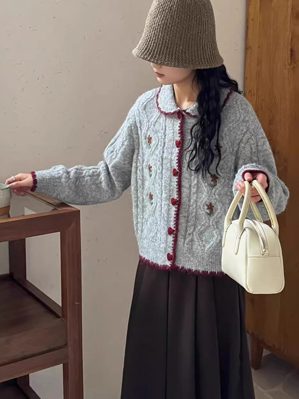 手工花朵刺绣polo领针织开衫女2025秋冬新款韩系甜美百搭毛衣外套|undefined