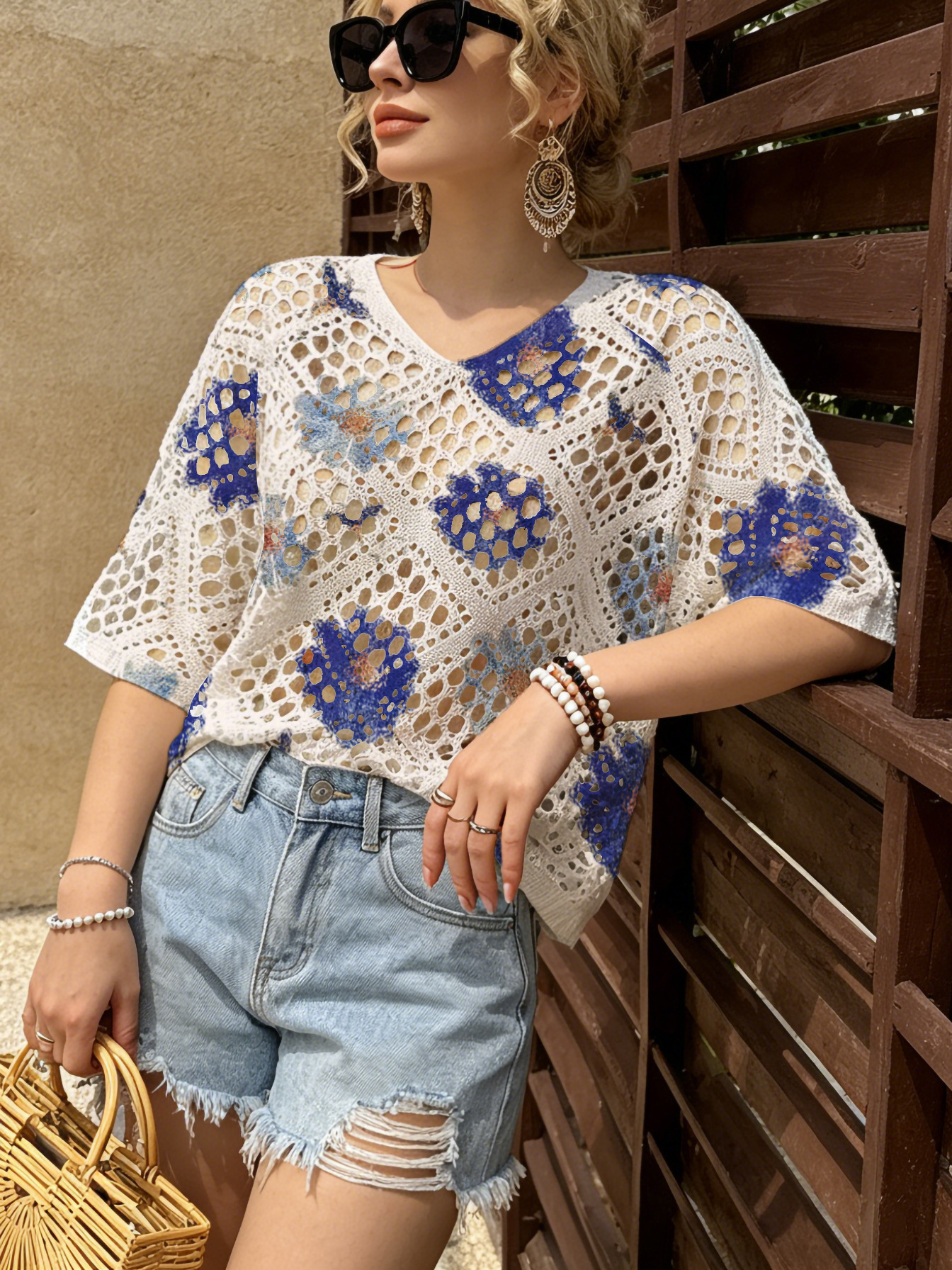 European and American Fashion Style Hollow-Out Loose Slimming Knit Sweater for Women, Loose Lazy Style Top, New Summer Cover-Up